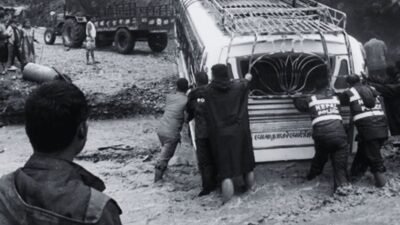 School bus trapped in flood in Salyan