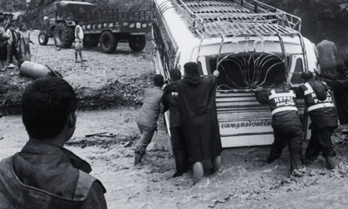 School bus trapped in flood in Salyan